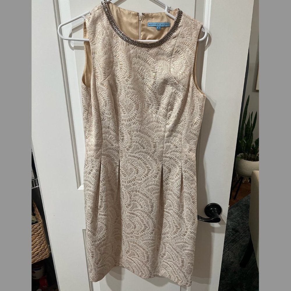 Classic Antonio Melani Champagne Patterned Dress with Beaded Collar - Size 8